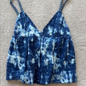 Zara Navy Blue and White Tie-Dye V-Neck Spaghetti Strap Tank open tie back